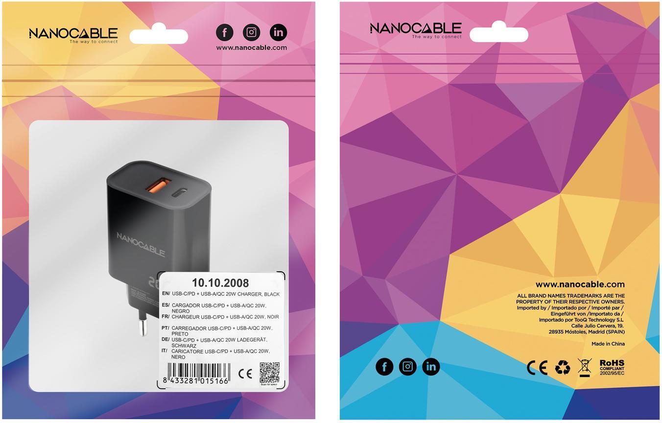 Nanocable - Carregador Nanocable USB-C/PD + USB-A/QC 20W Preto