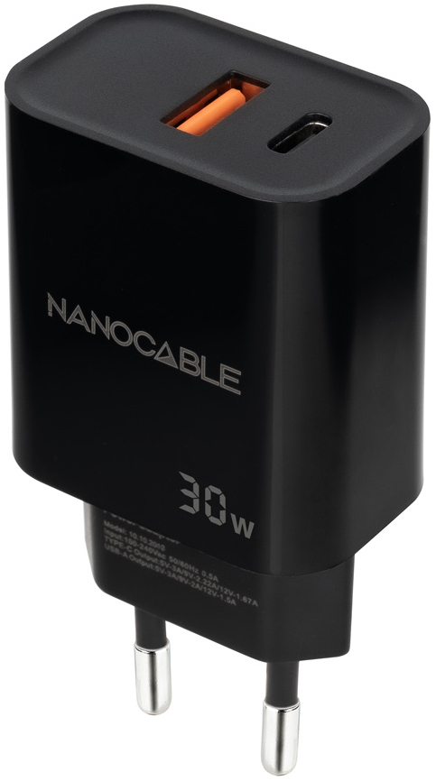 Nanocable - Carregador Nanocable USB-C/PD + USB-A/QC 30W Preto