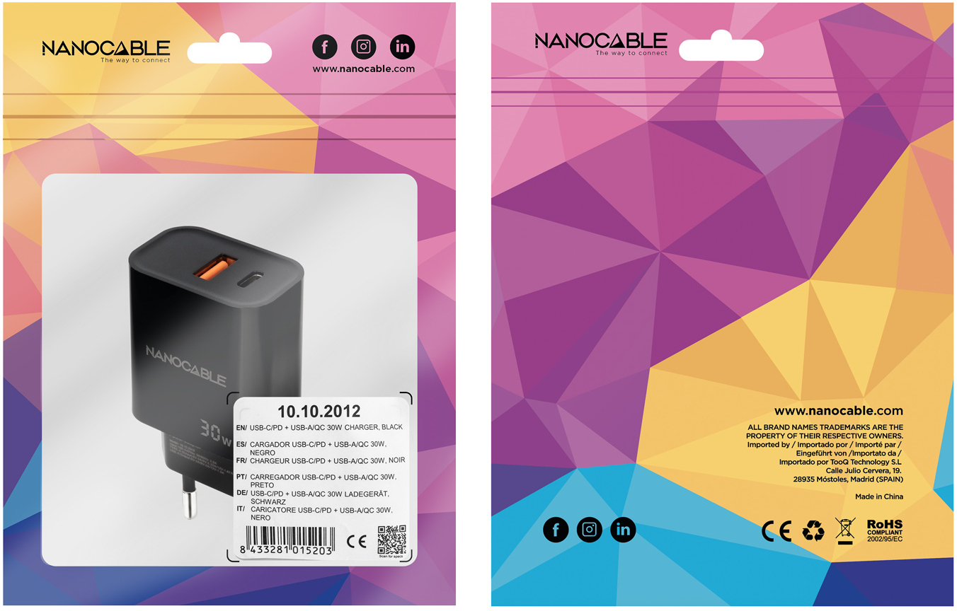 Nanocable - Carregador Nanocable USB-C/PD + USB-A/QC 30W Preto