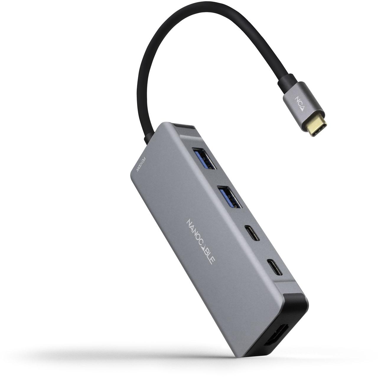 Hub USB-C Nanocable 2x USB-A + 2x USB-C + HDMI + USB-C PD (100W) 15 CM Aluminio