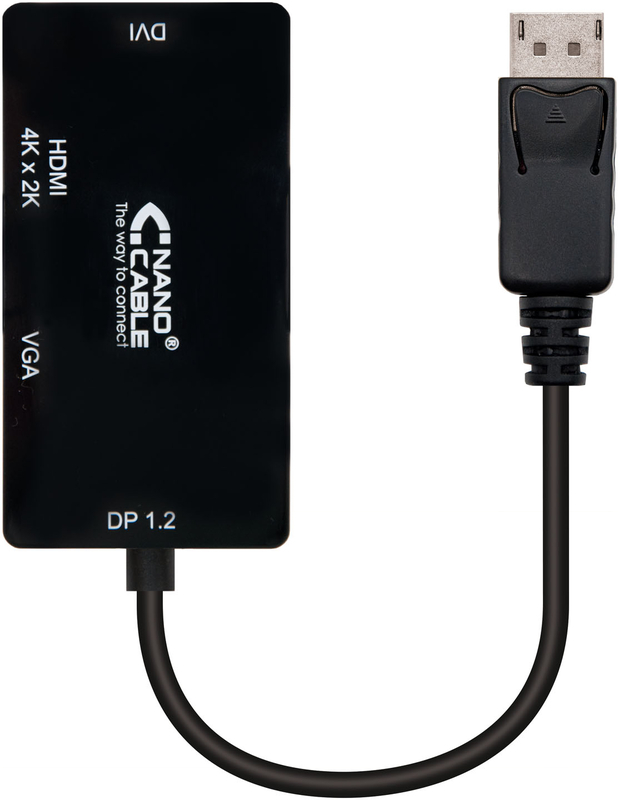 Conversor Nanocable DisplayPort Macho > HDMI Femea + VGA Femea + DVI Femea 15 CM Preto