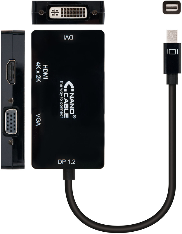 Nanocable - Adaptador Nanocable Mini DisplayPort M > HDMI F / VGA F / DVI F 4K 15 CM Preto