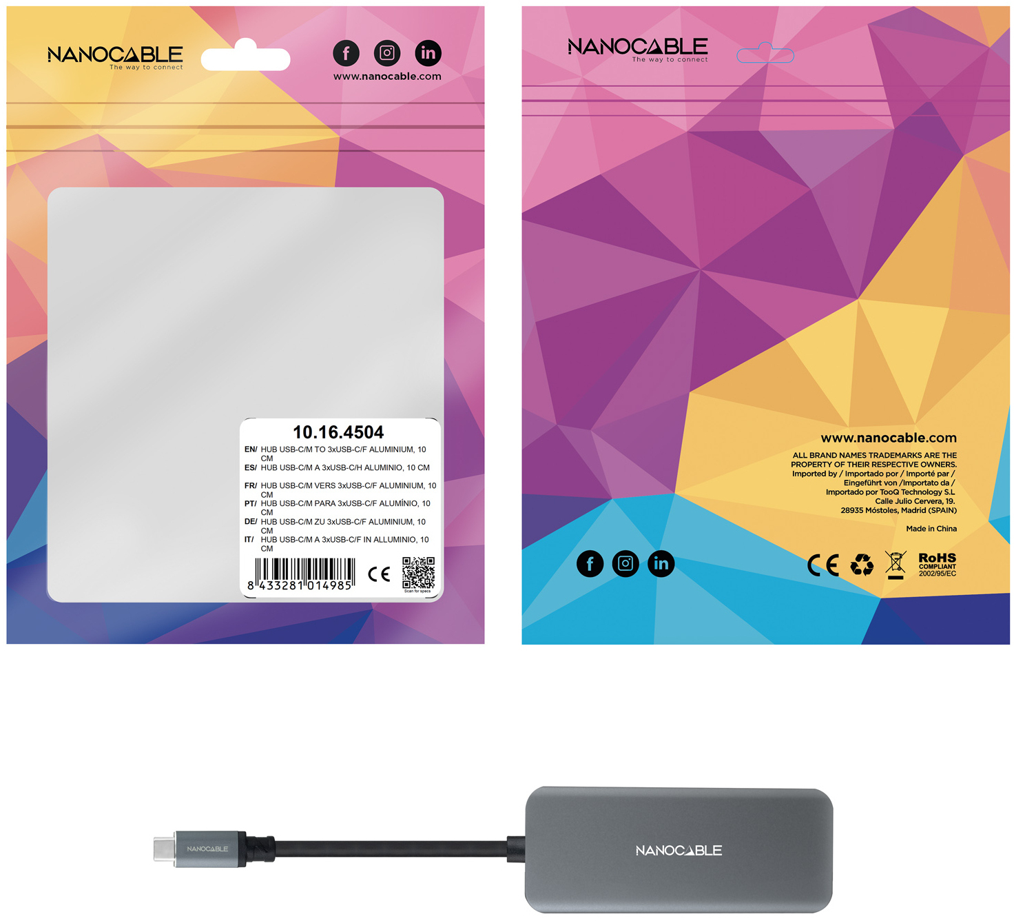 Nanocable - Hub Nanocable USB-C > 4xUSB-C 10 CM Cinzento