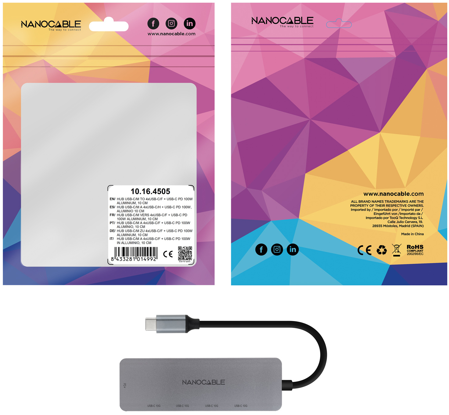 Nanocable - Hub Nanocable USB-C > 4xUSB-C + USB-C PD 100W 10 CM Cinzento