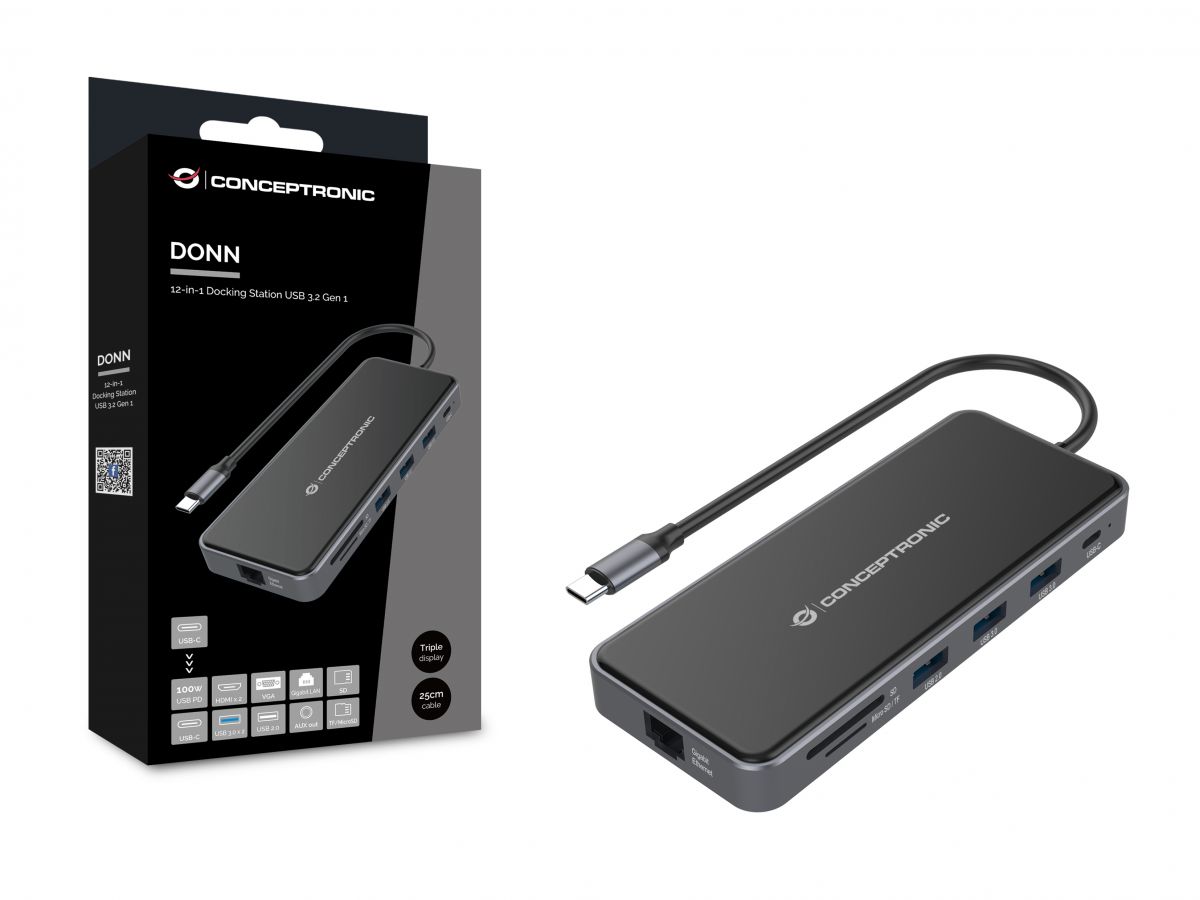 Conceptronic - HUB USB Conceptronic 12-in-1 USB-C 3.2 > 3x USB-A 3.0 + 2x HDMI + VGA + USB 2.0 + Gigabit + USB-C (PD100W) + Leitor de Cartões + Áudio