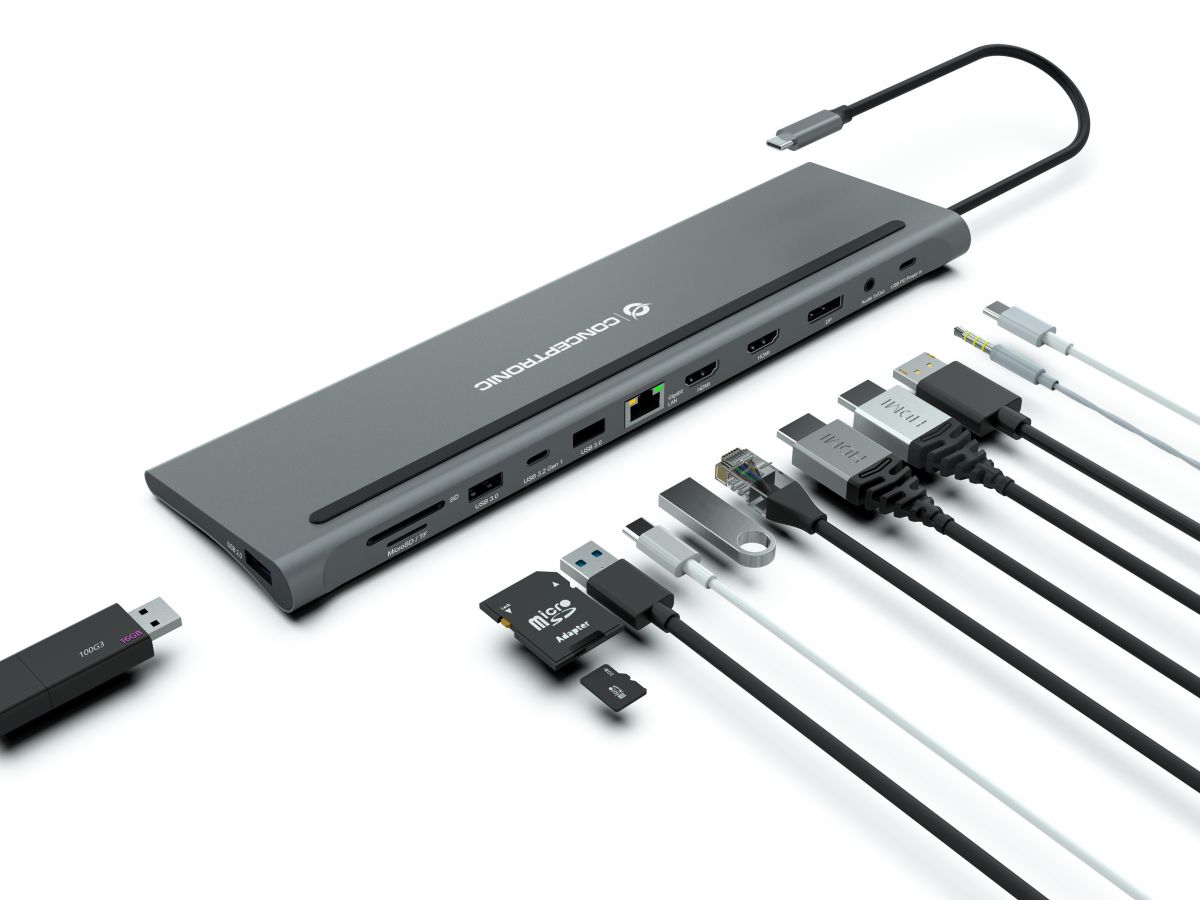 Conceptronic - HUB USB Conceptronic 12-in-1 USB-C 3.2 > 2x USB3.0 + USB 2.0 + DP 4K + HDMI + Gigabit + Lt.Cartões + USB-C (PD100W) + USB-C + Áudio