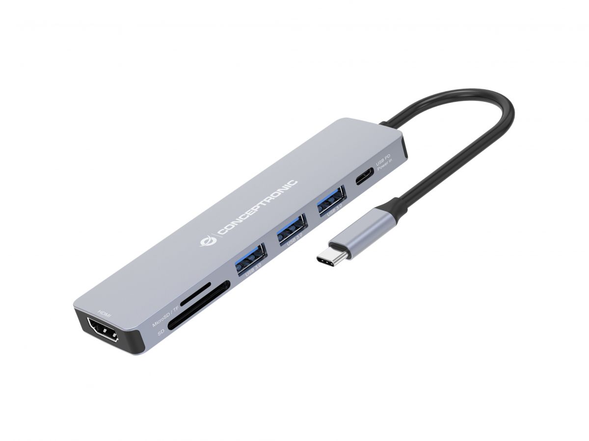 HUB USB Conceptronic 7-in-1 USB-C 3.2 > 3x USB-A 3.0 + HDMI + USB 3.2 PD (100W) + Leitor de Cartões