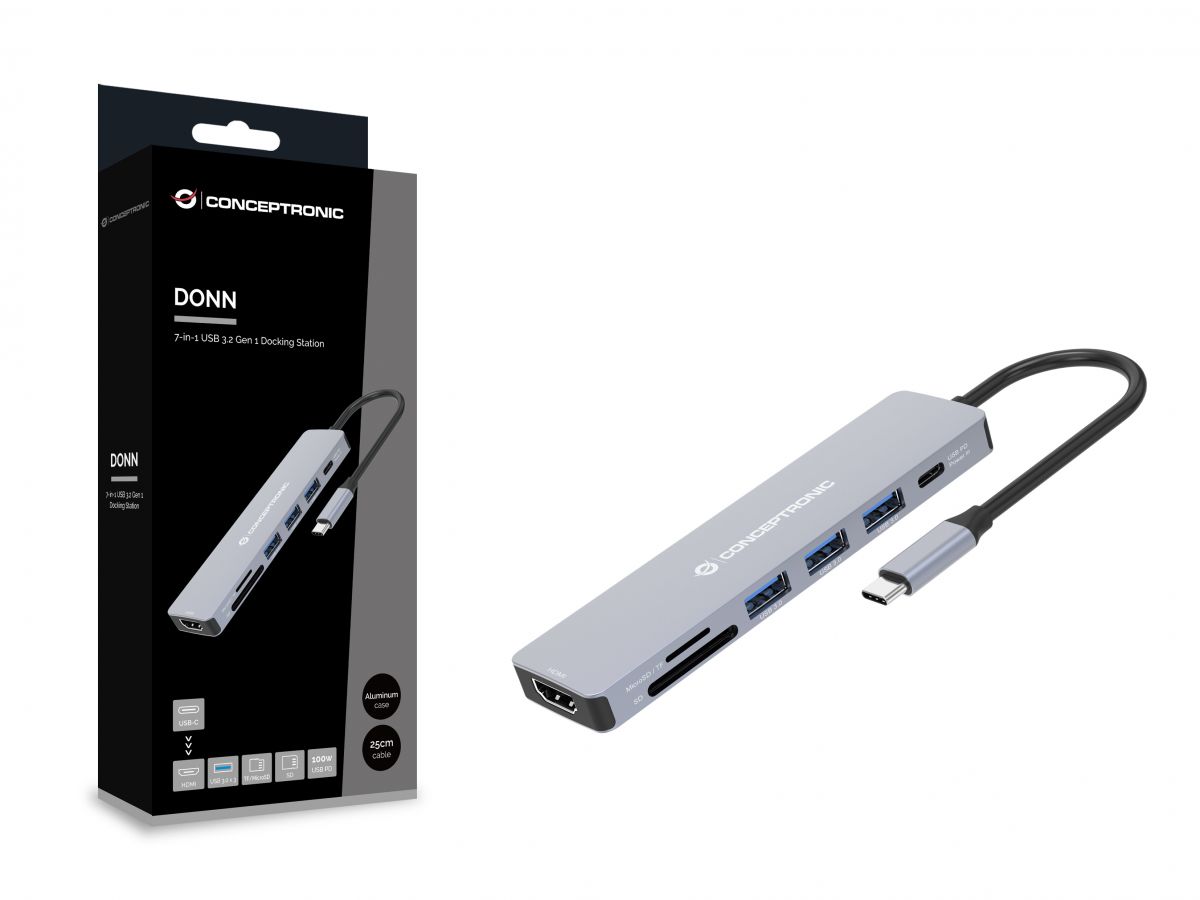 Conceptronic - HUB USB Conceptronic 7-in-1 USB-C 3.2 > 3x USB-A 3.0 + HDMI + USB 3.2 PD (100W) + Leitor de Cartões