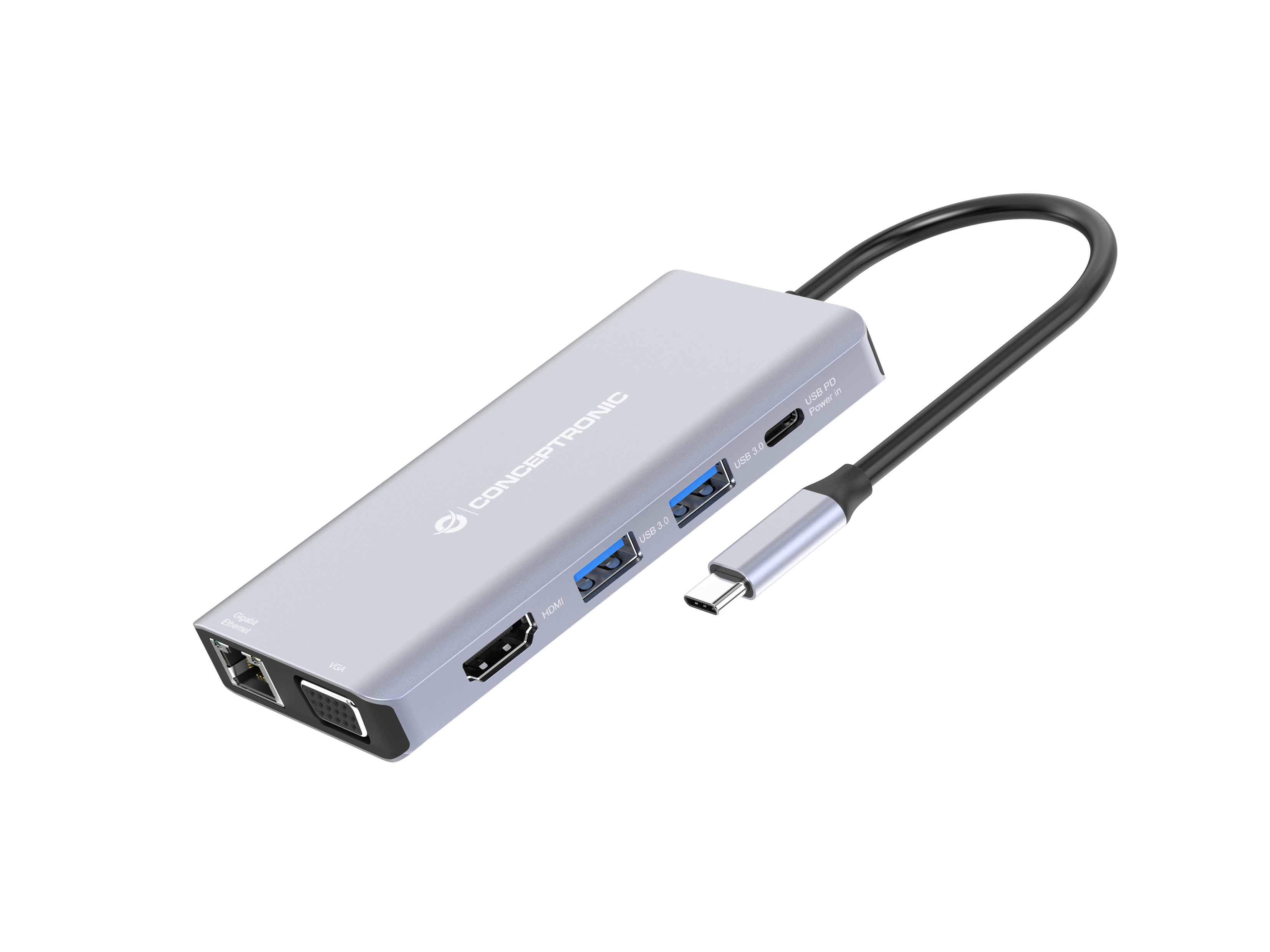 HUB USB Conceptronic 10-in-1 USB-C 3.2 > 3x USB-A 3.0 + HDMI + VGA + Gigabit + USB-C (PD100W) + Lt.Cartões + Áudio