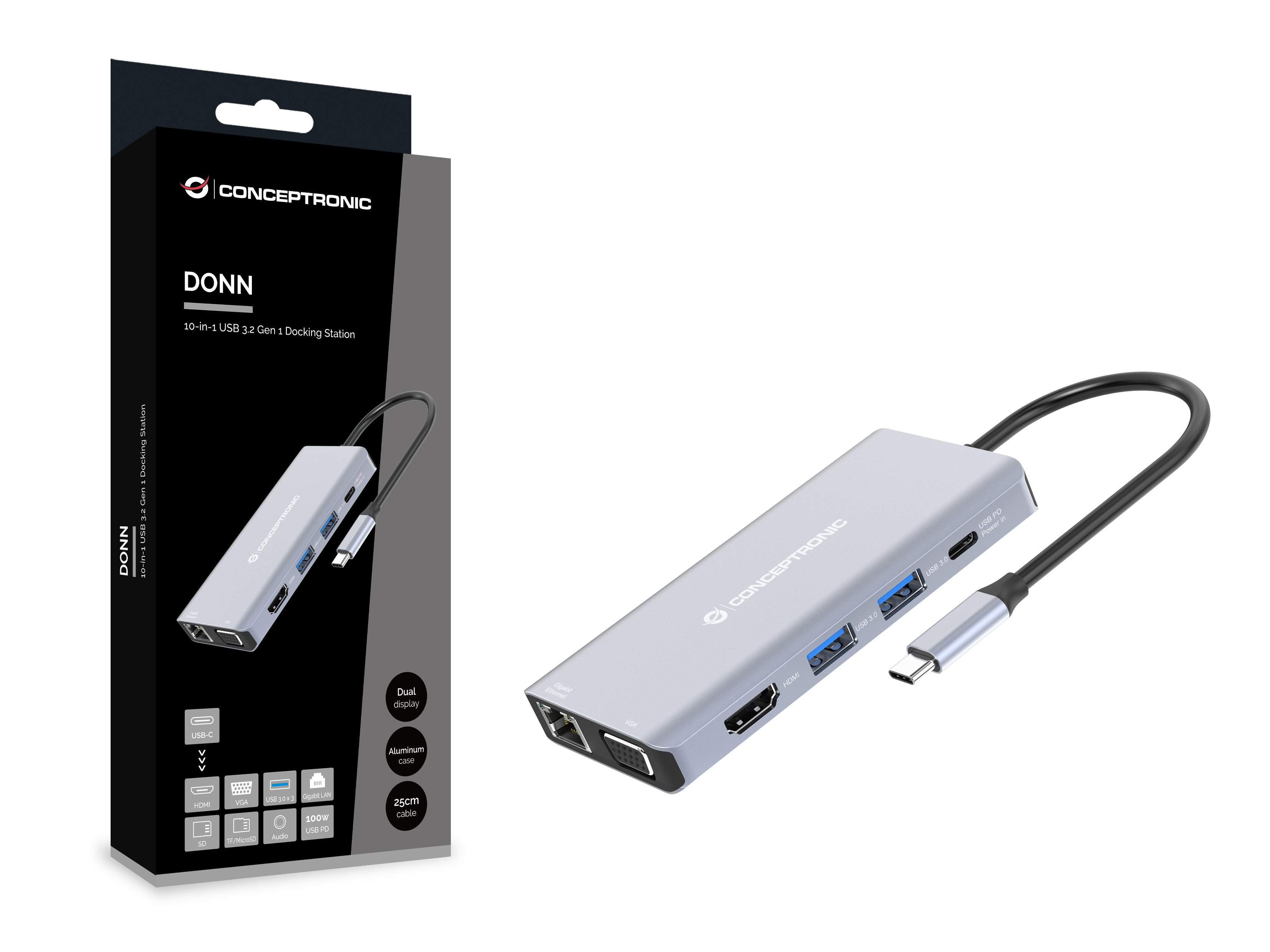 Conceptronic - HUB USB Conceptronic 10-in-1 USB-C 3.2 > 3x USB-A 3.0 + HDMI + VGA + Gigabit + USB-C (PD100W) + Lt.Cartões + Áudio