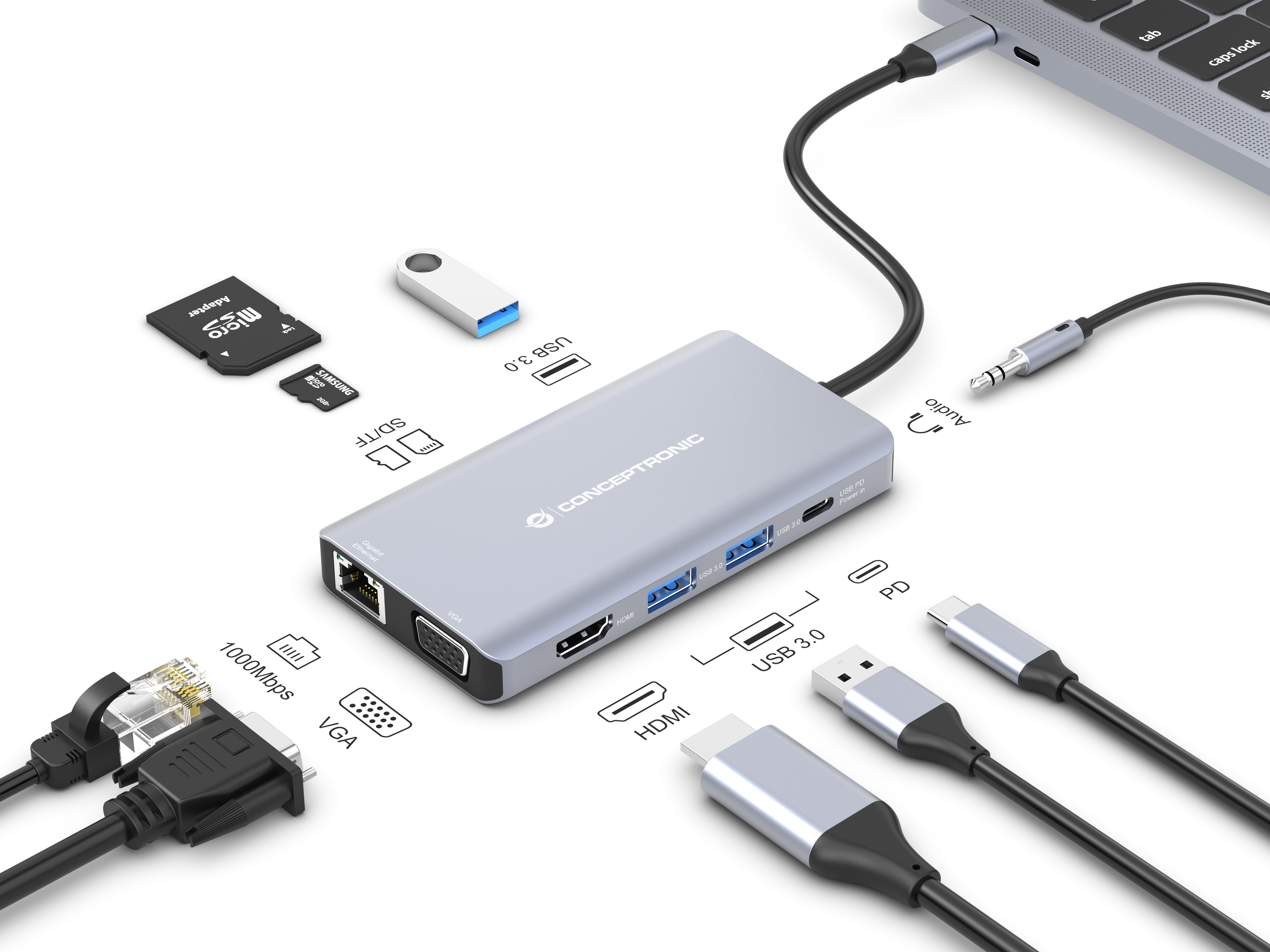 Conceptronic - HUB USB Conceptronic 10-in-1 USB-C 3.2 > 3x USB-A 3.0 + HDMI + VGA + Gigabit + USB-C (PD100W) + Lt.Cartões + Áudio