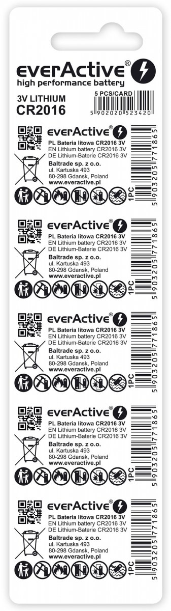 everActive - Pilhas everActive Lithium CR2016 3V - 5 Unidade