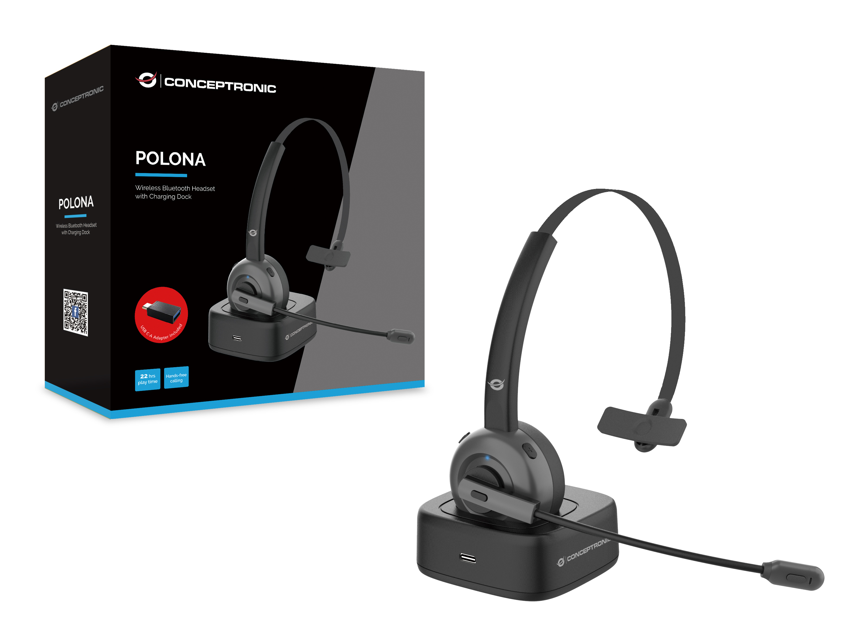 Conceptronic - Headset Conceptronic Polona 03BD Mono-Headset c/Charging Dock Bluetooth + Dongle