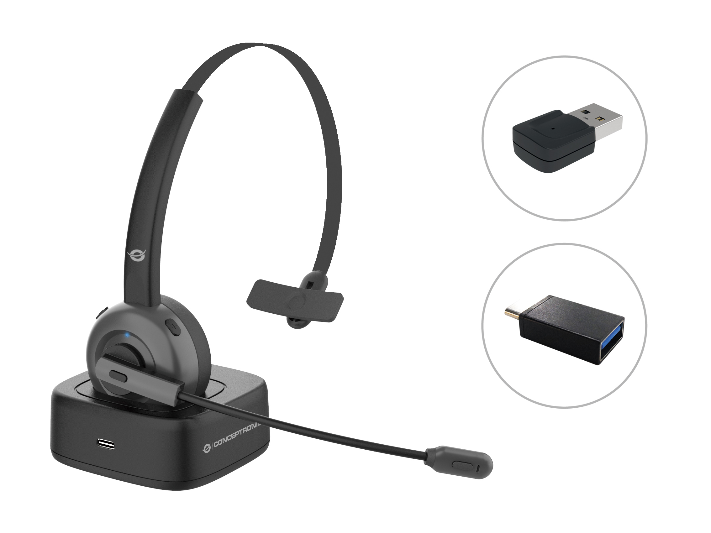 Headset Conceptronic Polona 03BDA Mono-Headset c/Charging Dock e Bluetooth Audio Adapter + Dongle