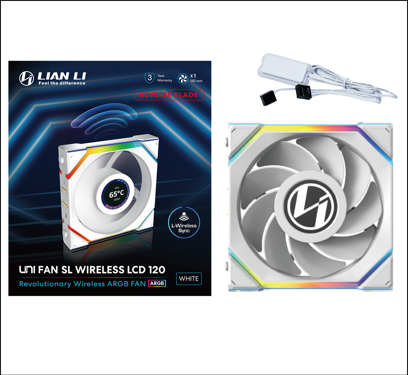 Lian Li - Ventoinha Lian Li UNI FAN SL120 LCD Wireless RGB Reverse Blade PWM Branco 120mm