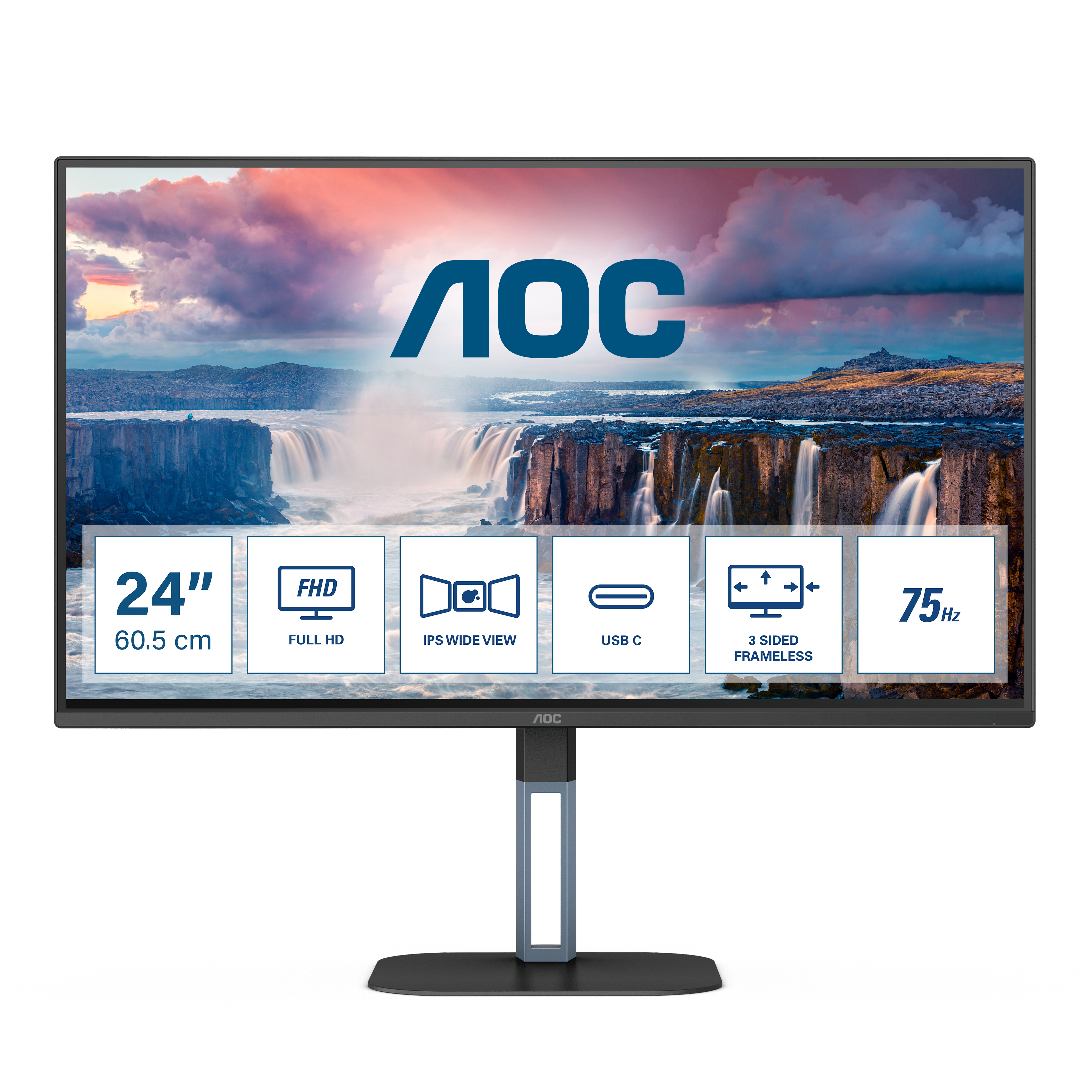 AOC - Monitor AOC 23.8" 24V5C/BK IPS FHD 75Hz 1ms USB-C 3.2 ( DP alt + PD65W) Low Blue Light