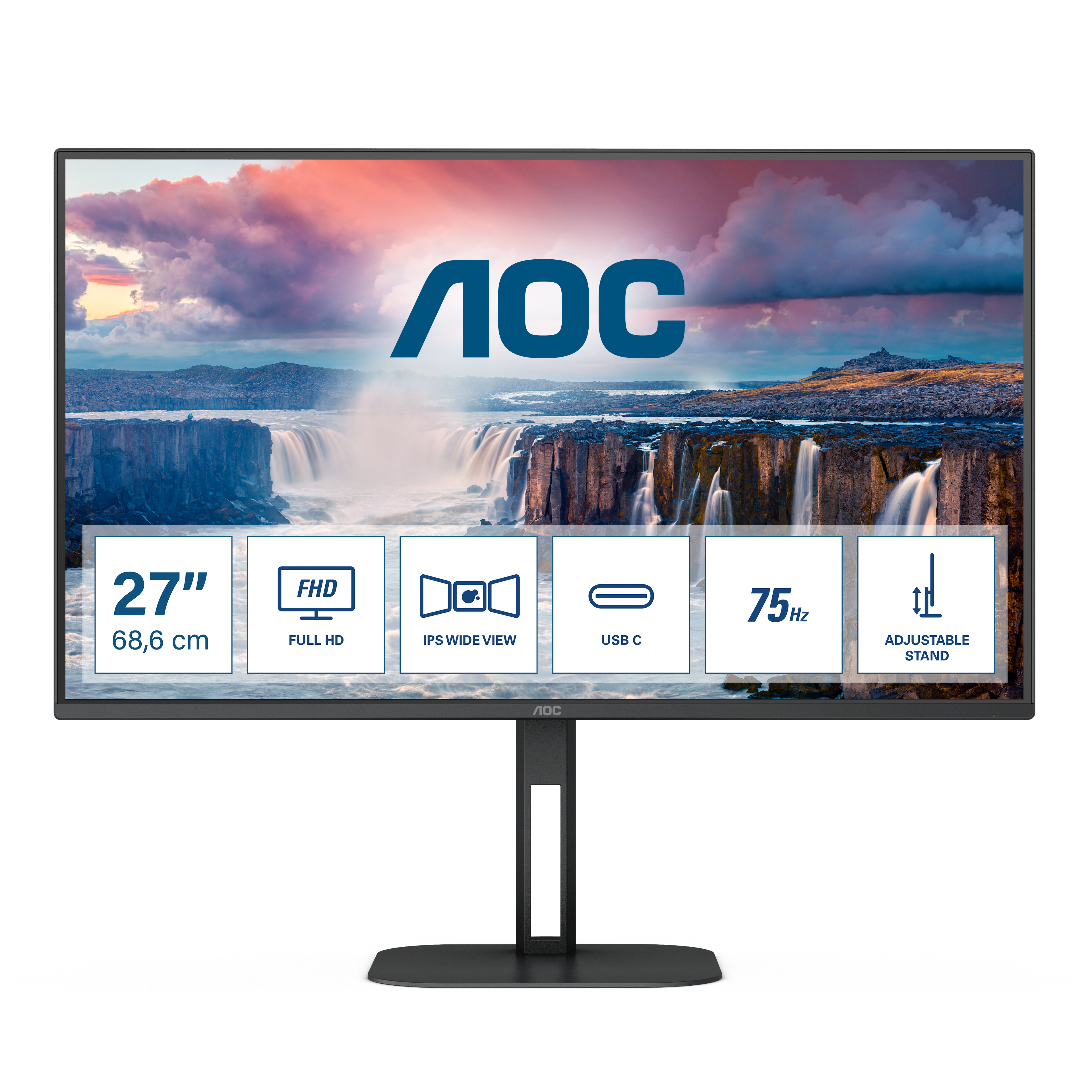 AOC - Monitor AOC 27" 27V5C/BK IPS FHD 75Hz 1ms USB-C 3.2 ( DP alt + PD65W) Low Blue Light c/Ajuste Altura