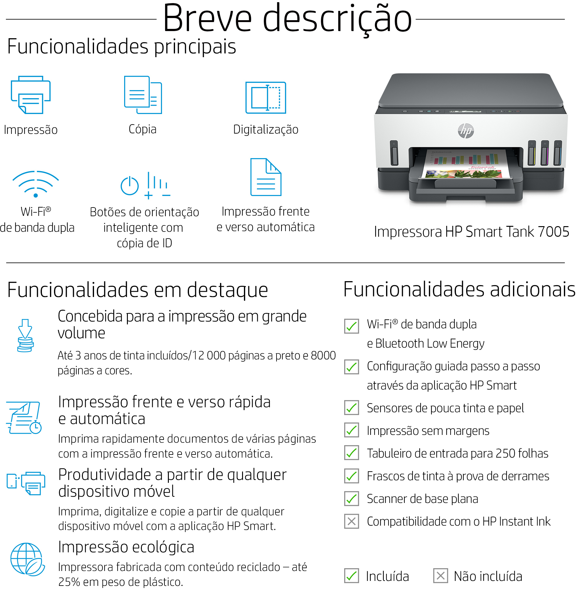 HP - Impressora Multifunções a Jato de Tinta HP Smart Tank 7005 All-in-One WiFi