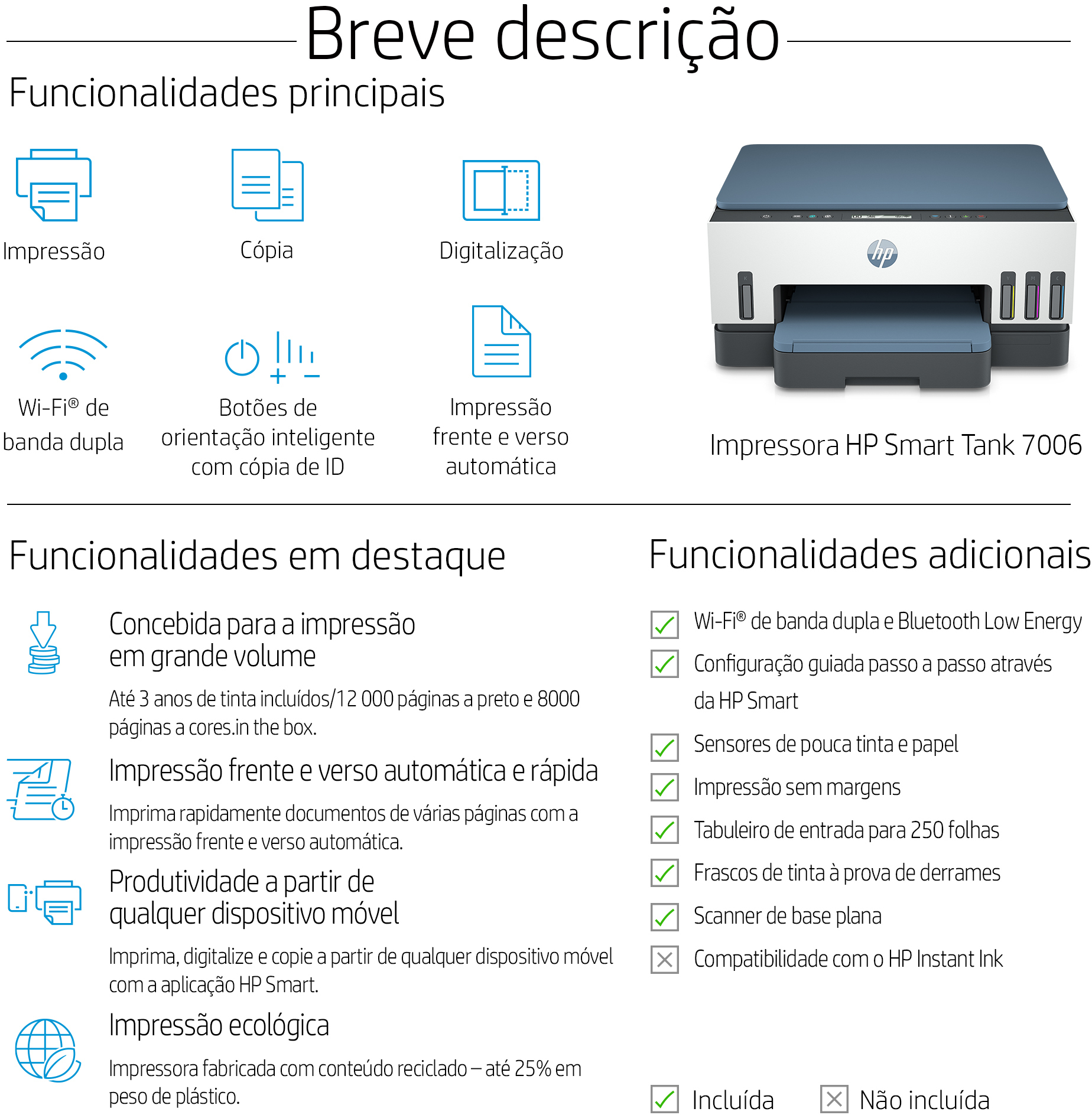 HP - Impressora Multifunções a Jato de Tinta HP Smart Tank 7006 All-in-One WiFi