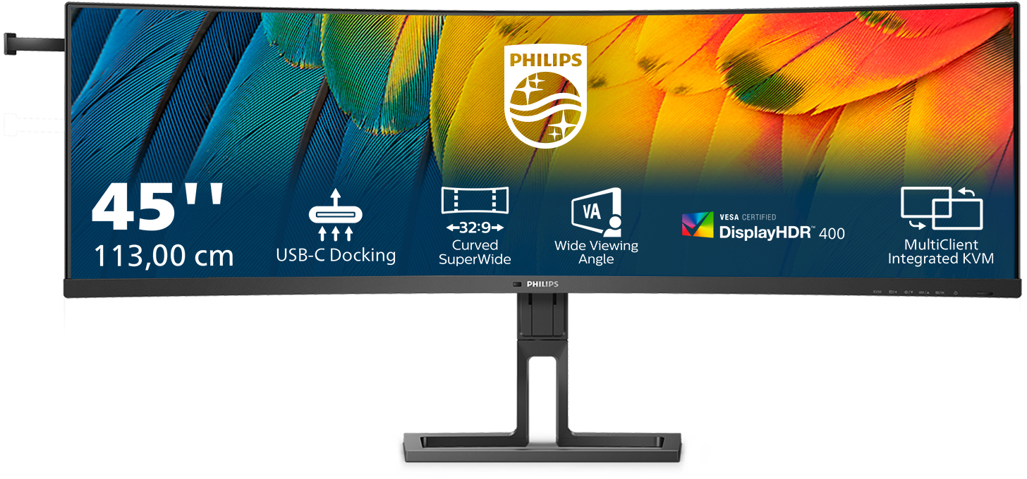 Philips - Monitor Curvo Philips Série 6000 45" 45B1U6900C VA Dual-QHD 75Hz USB-C (PD100W) KVM C/Webcam