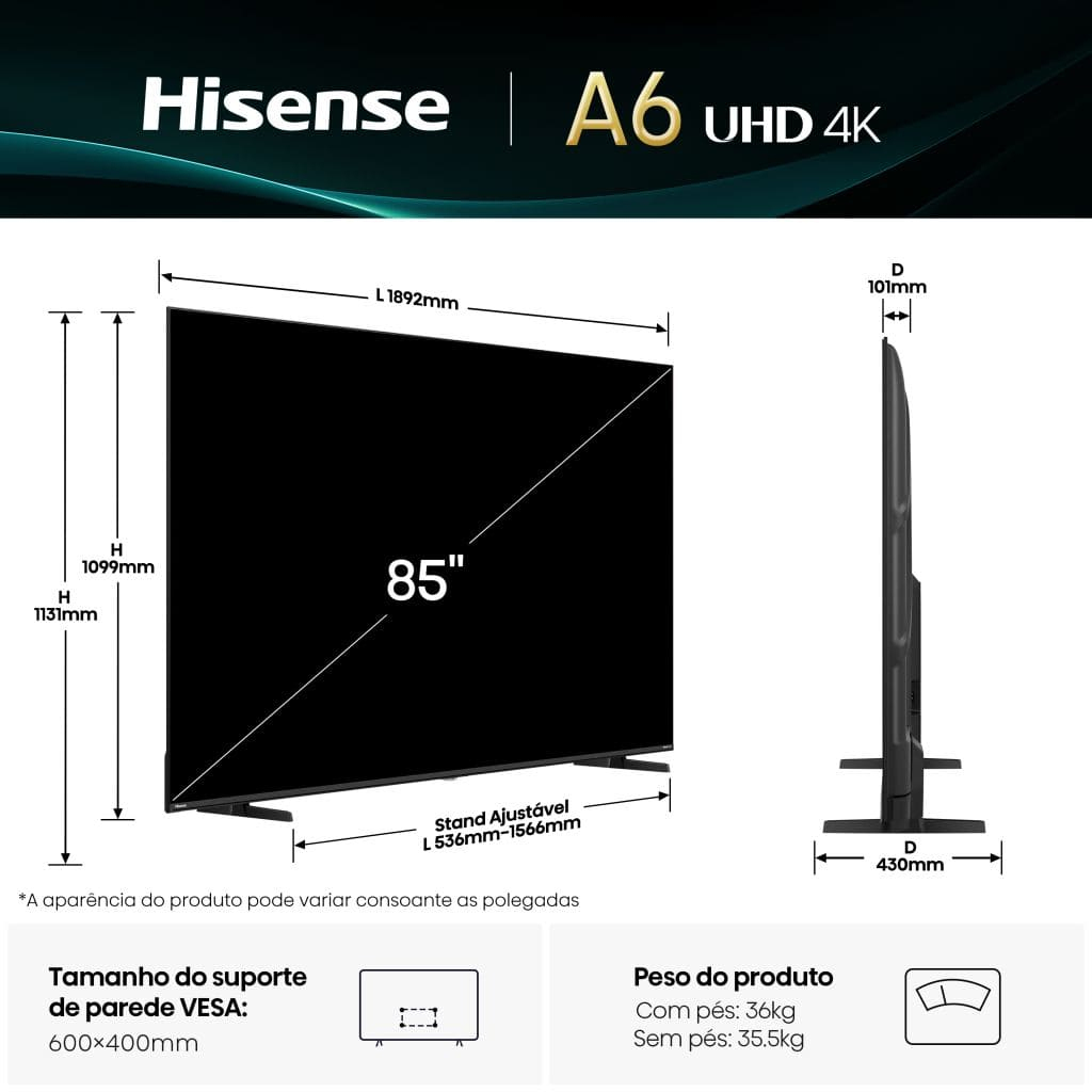  - Televisão Hisense 85A6Q 85" LED UltraHD 4K VIDAA