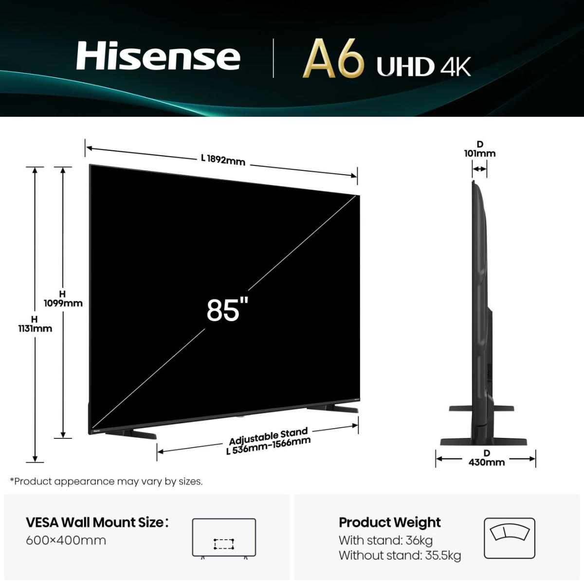  - Televisão Hisense 85A6Q 85" LED UltraHD 4K VIDAA