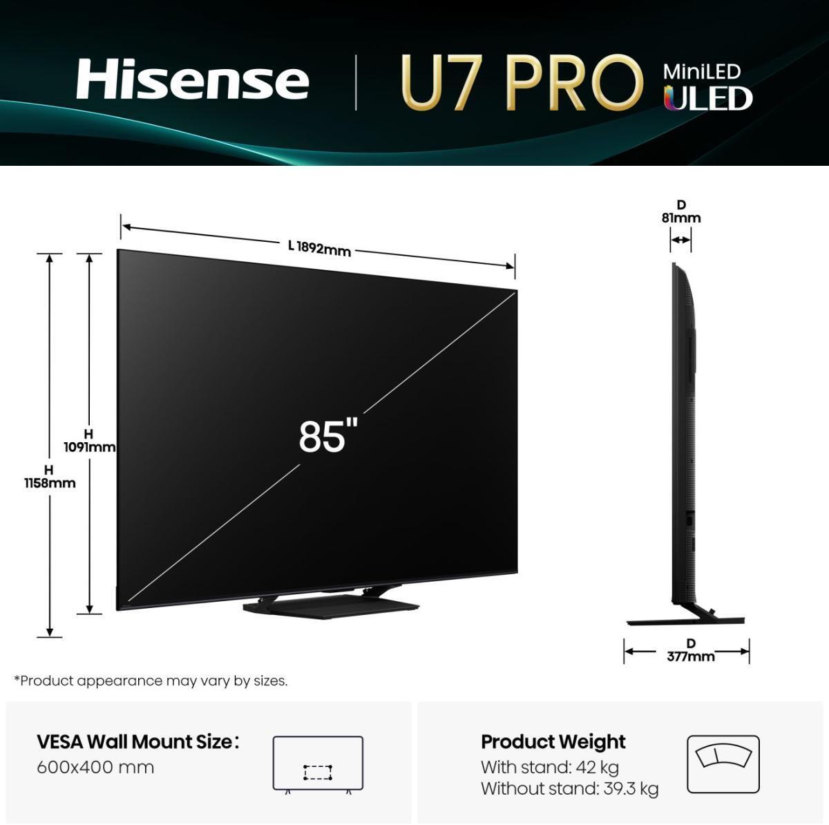 - Televisão Hisense 85U7Q PRO 85" QD Mini LED UltraHD 4K VIDAA