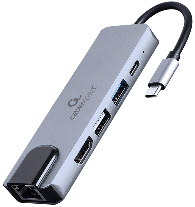 HUB USB Gembird USB-C 5-in-1 > 2x USB 3.1 (Gen 1) + 1x USB 2.0 + 1x USB-C (PD 87W) + 1x LAN (10/100 mbps)