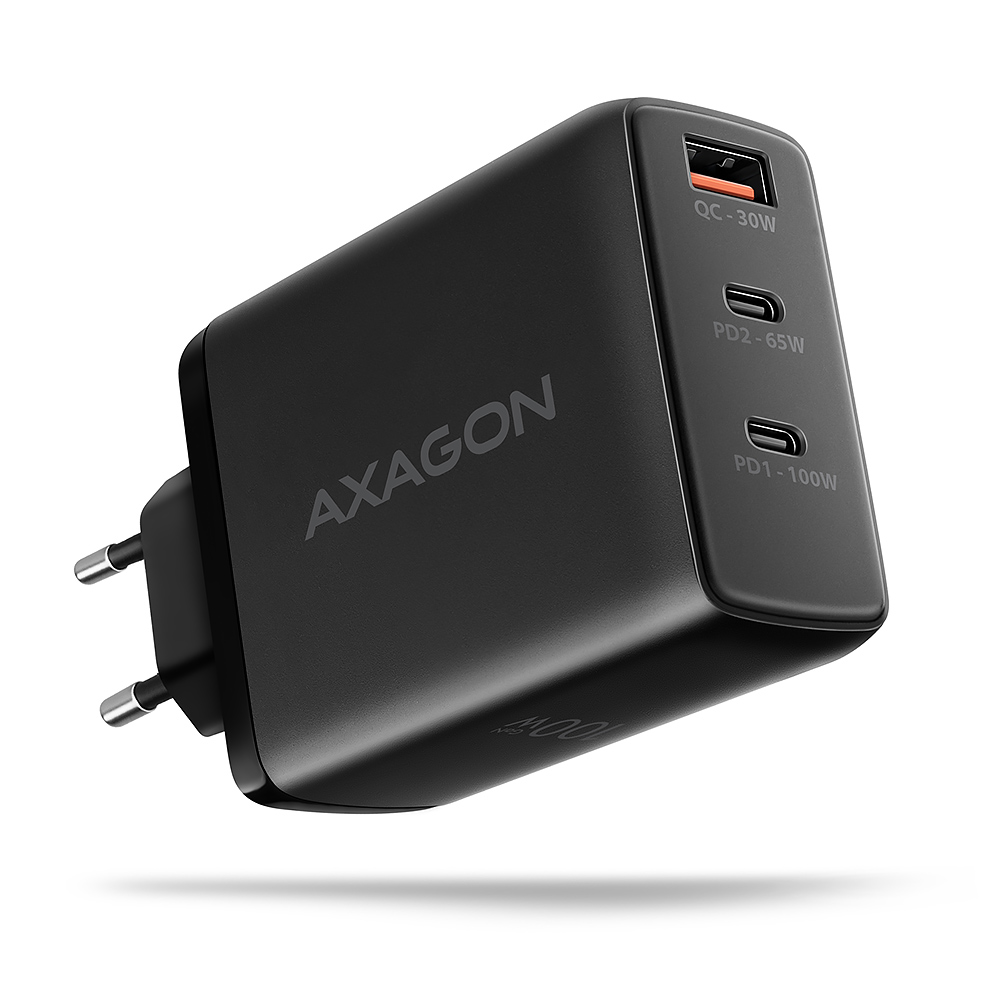 AXAGON - Carregador de parede AXAGON ACU-DPQ100, 3 portas (USB + USB-C duplo), PD3.0/QC4+/PPS/Apple, 100 W, Preto