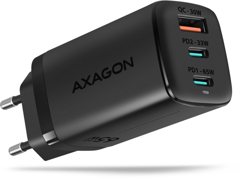 Carregador de parede AXAGON ACU-DPQ65 3 portas (USB + USB-C duplo) PD3.0/QC4+/PPS/Apple 65 W Preto