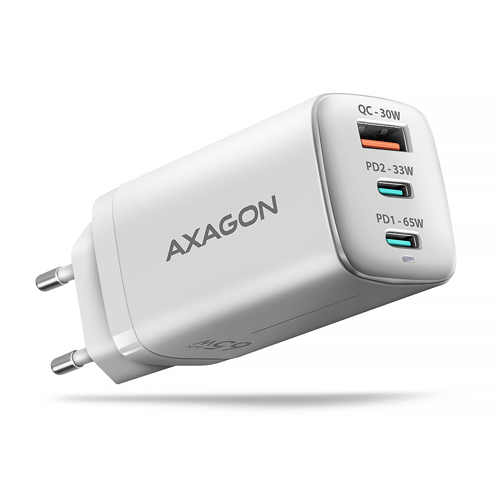 Carregador de parede AXAGON ACU-DPQ65, 3 portas (USB + USB-C duplo), PD3.0/QC4+/PPS/Apple, 65 W, Branco