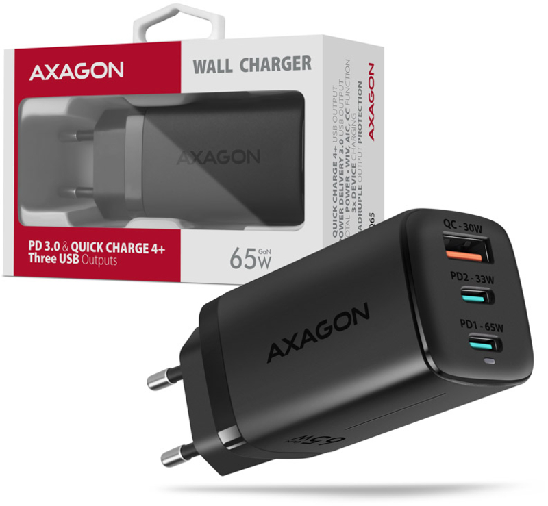 AXAGON - Carregador de parede AXAGON ACU-DPQ65, 3 portas (USB + USB-C duplo), PD3.0/QC4+/PPS/Apple, 65 W, Preto
