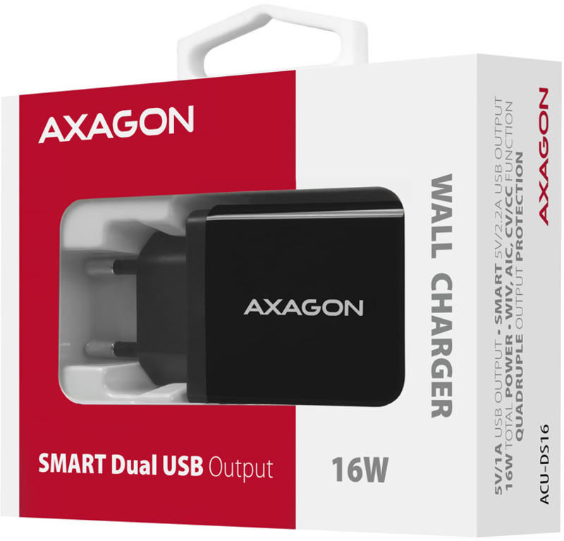 AXAGON - Carregador de parede AXAGON ACU-DS16  2x 5V-2.2A + 1A 16W, Preto