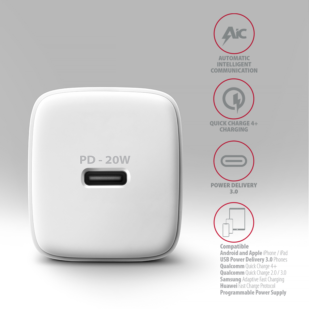 AXAGON - Carregador de parede AXAGON ACU-PD20W, 1 porta (USB-C), PD3.0/PPS/QC4+/AFC/Apple, 20 W, Branco