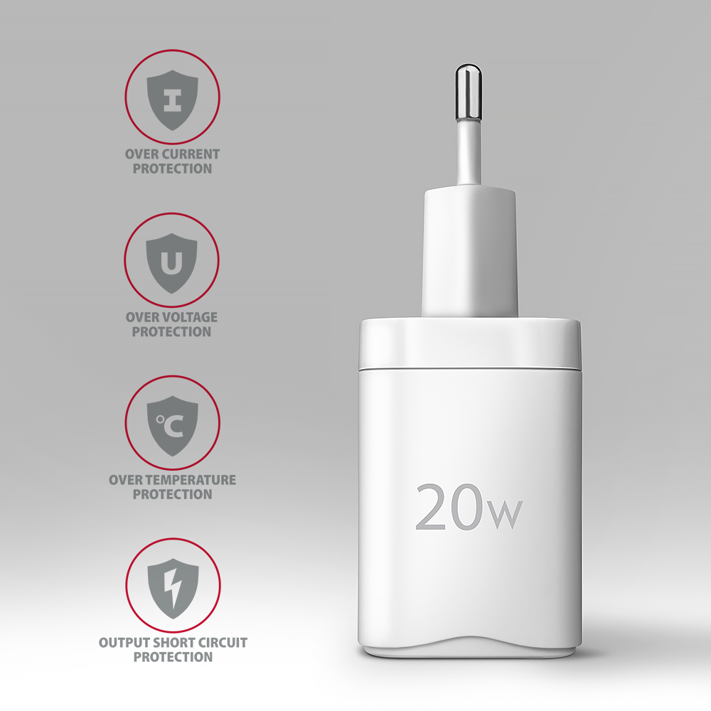 AXAGON - Carregador de parede AXAGON ACU-PD20W, 1 porta (USB-C), PD3.0/PPS/QC4+/AFC/Apple, 20 W, Branco