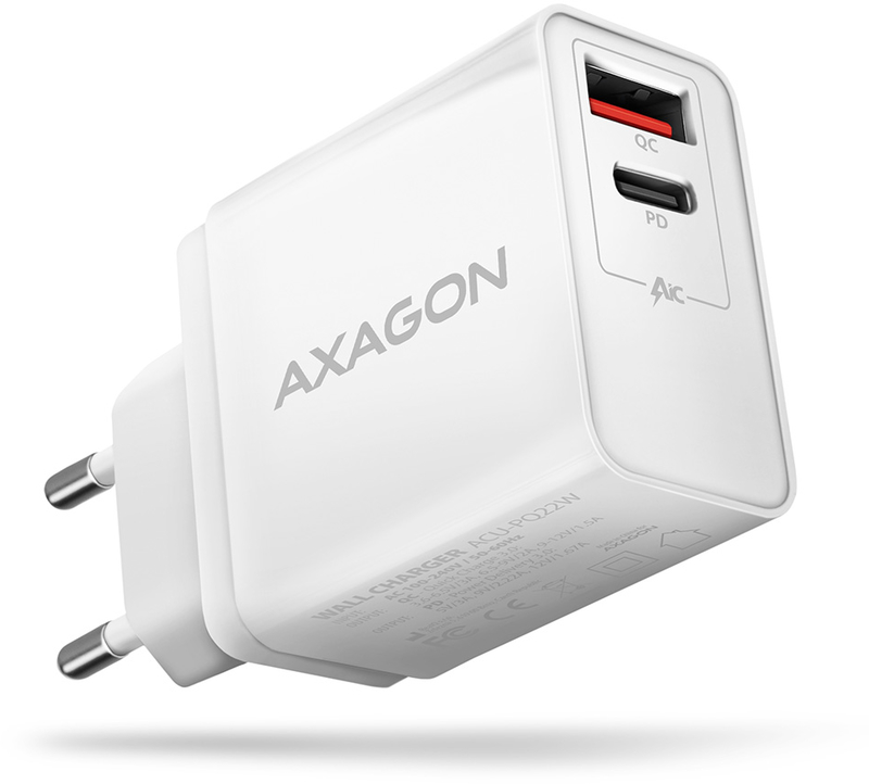 Carregador AXAGON ACU-PQ22, 1x USB-C,1xUSB-A QC3.0/Smart 22W branco