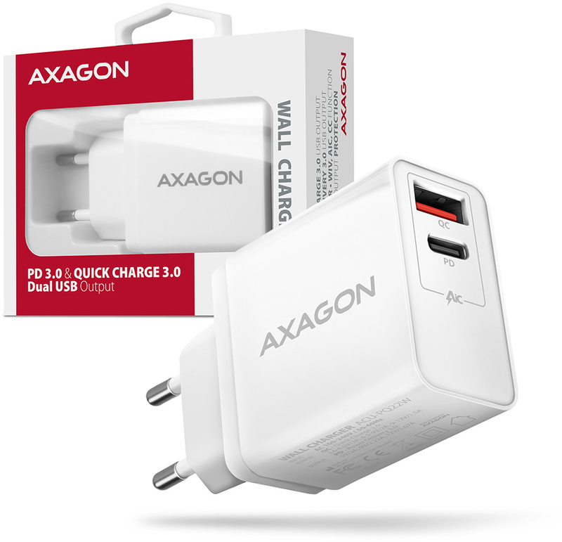 AXAGON - Carregador AXAGON ACU-PQ22, 1x USB-C,1xUSB-A QC3.0/Smart 22W, Branco
