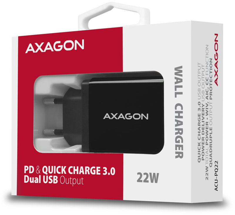 AXAGON - Carregador AXAGON ACU-PQ22, 1x USB-C, 1x USB-A, QC3.0/AFC/FCP/PD, 22W