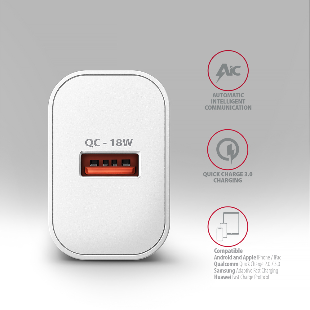 AXAGON - Carregador de parede AXAGON ACU-QC18W, 1 porta (USB-A), QC3.0/AFC/Apple, 18 W, Branco