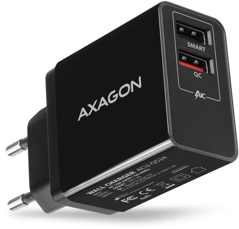 Carregador AXAGON ACU-QS24, 2x USB-A, QC3.0/Smart 5V 1,2A, 24W