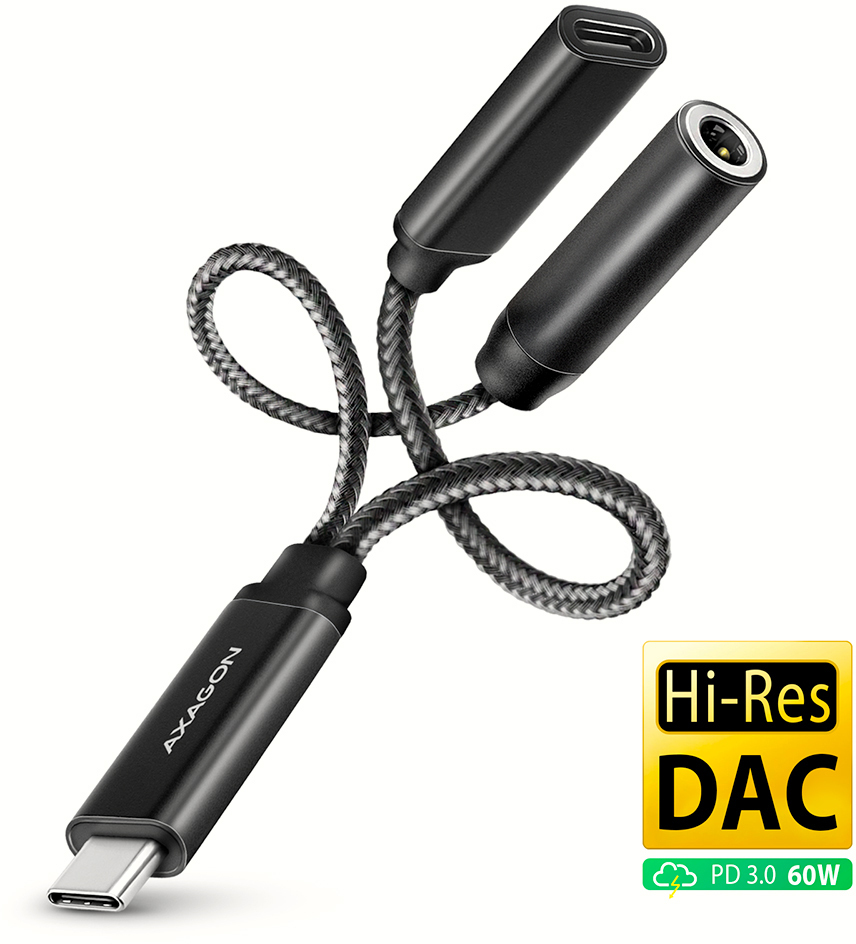 Adaptador Áudio AXAGON ADA-HCPD USB-C - 3.5mm (F) conector Hi-Res DAC 32bit 384kHz  PD 60W 3A