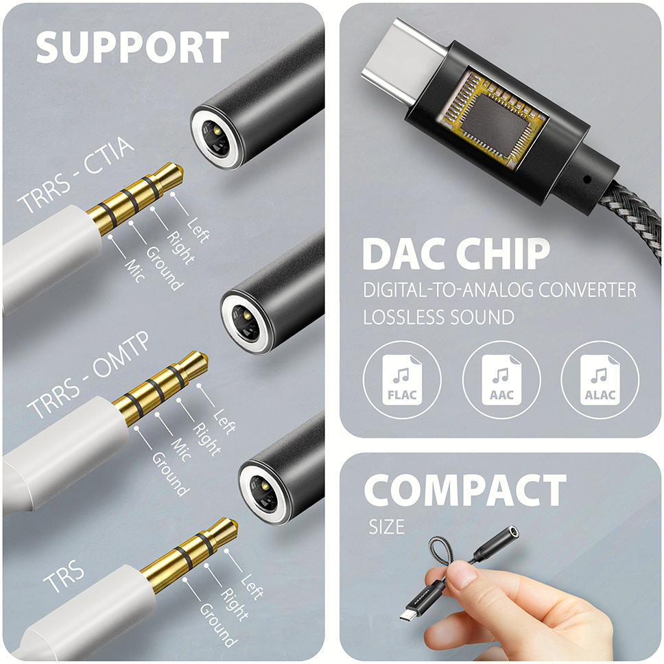 AXAGON - Adaptador Áudio AXAGON ADA-HC USB-C - 3.5mm (F) conector Hi-Res DAC 32bit 384kHz