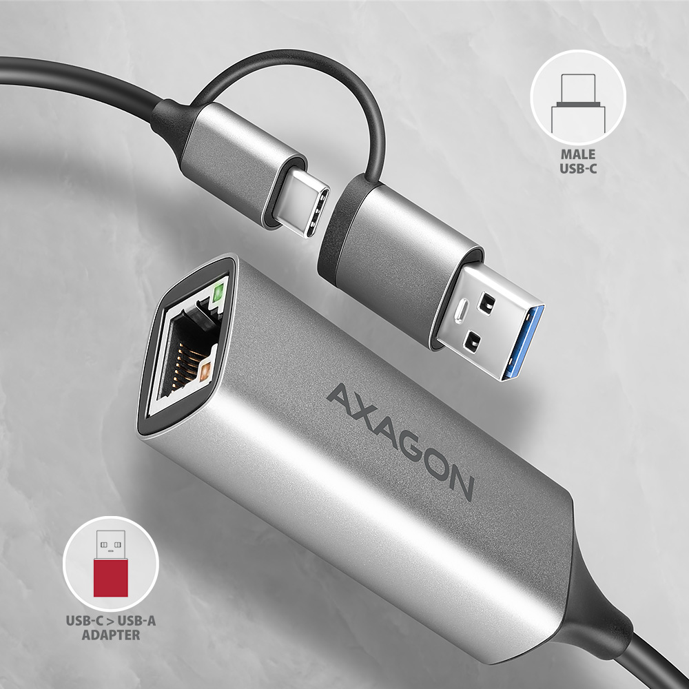 AXAGON - Adaptador AXAGON ADE-TXCA Gigabit Ethernet 10/100/1000 - USB 3.1 Tipo C + USB-A