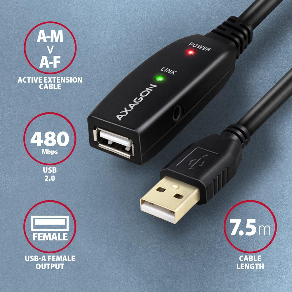AXAGON - Cabo Extensão AXAGON ADR-207 Activo USB, USB 2.0, USB-A para USB-A - 7.5m