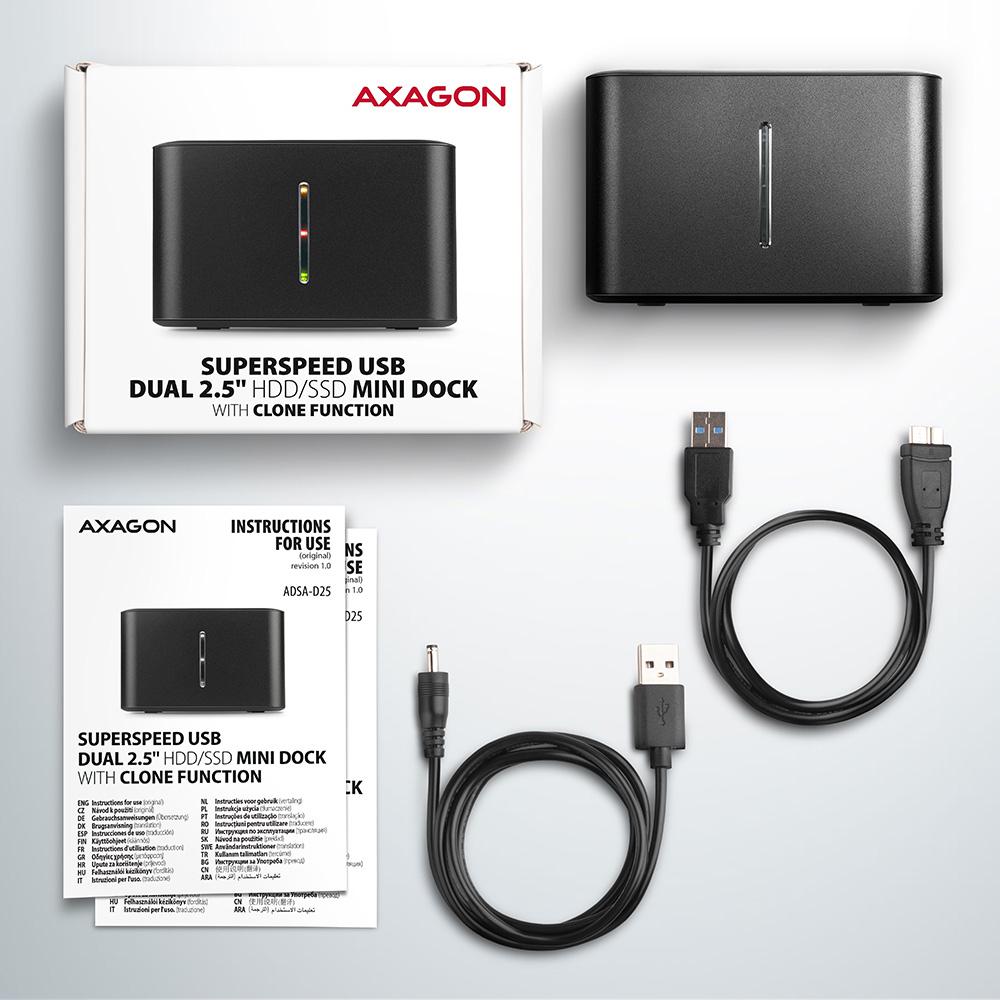 AXAGON - Mini Dual Dock AXAGON ADSA-D25 USB 3.2 Gen 1 - 2x SATA 6G 2.5" SSD/HDD