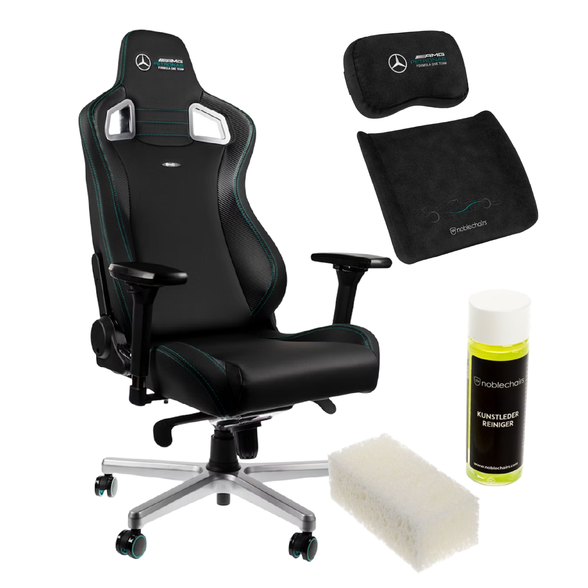 - Bundle noblechairs EPIC - Mercedes-Benz Edition + Set de Almofadas noblechairs (Mercedes Benz Edition) + Kit Limpeza Picture of - Bundle noblechairs EPIC - Mercedes-Benz Edition + Set de Almofadas noblechairs (Mercedes Benz Edition) + Kit Limpeza
