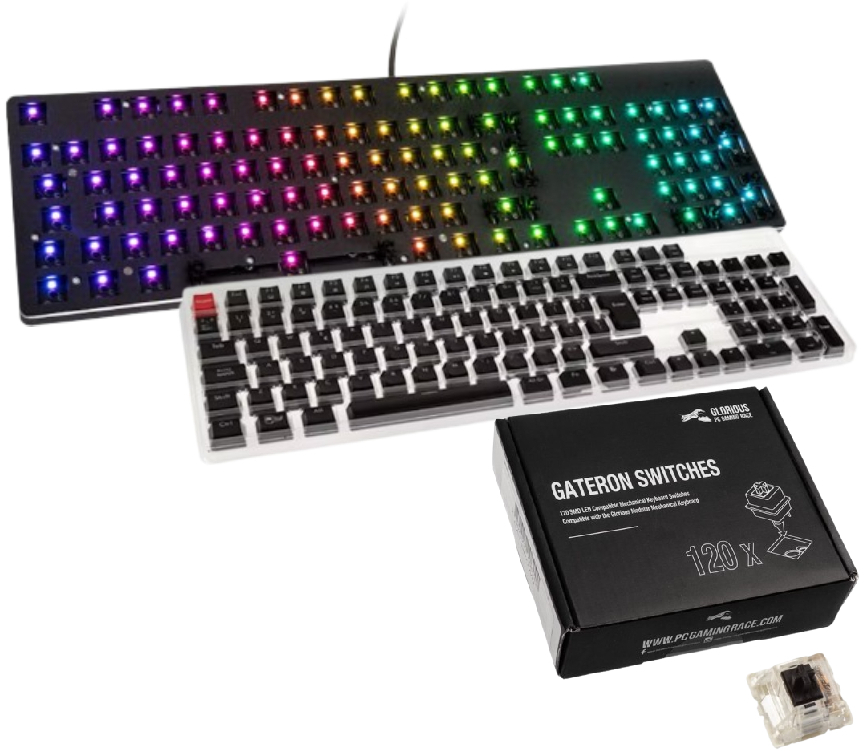  - Barebone Glorious GMMK 100% RGB + Conjunto de 105 Teclas Glorious ABS Preto (PT) + Pack 120 Switches Gateron MX Black para Glorious GMMK