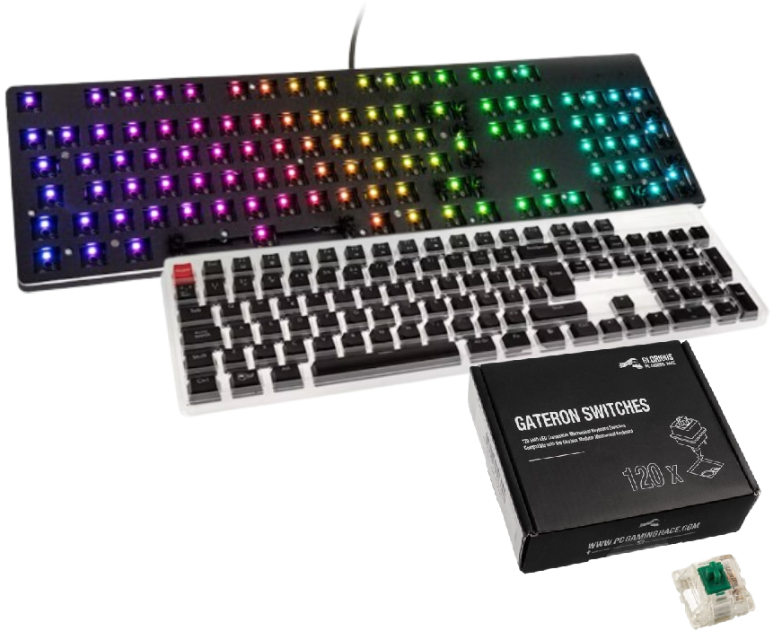  - Barebone Glorious GMMK 100% RGB + Conjunto de 105 Teclas Glorious ABS Preto (PT) + Pack 120 Switches Gateron MX Green para Glorious GMMK