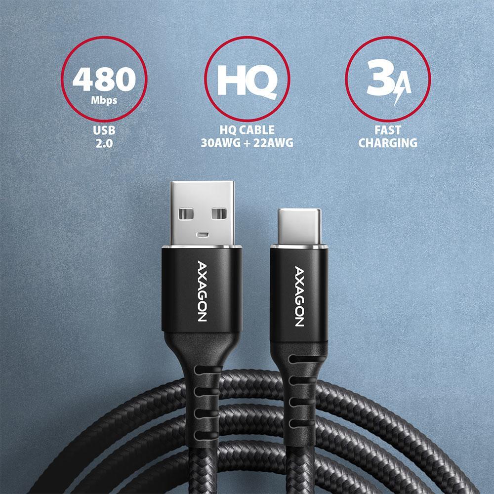 AXAGON - Cabo de carregamento AXAGON BUCM-AM10AB USB-C  <-> USB-A, 1m, USB 2.0, 3A, ALU, braid, Preto