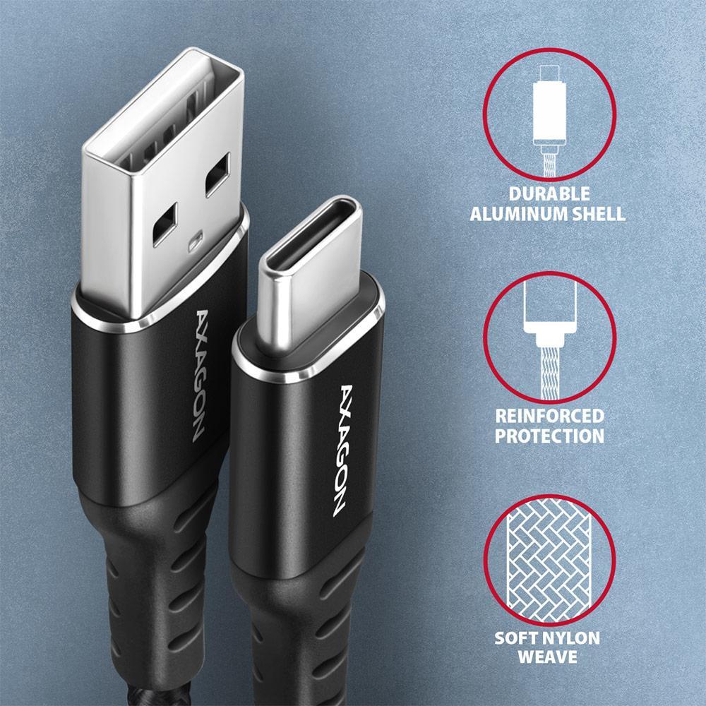 AXAGON - Cabo de carregamento AXAGON BUCM-AM10AB USB-C  <-> USB-A, 1m, USB 2.0, 3A, ALU, braid, Preto